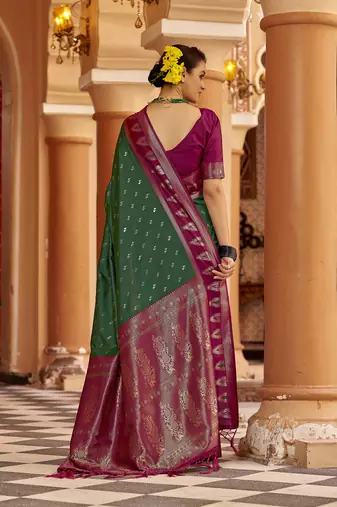 Green  geomatrical butti banarasi silk blend zari jacquard work designer saree 