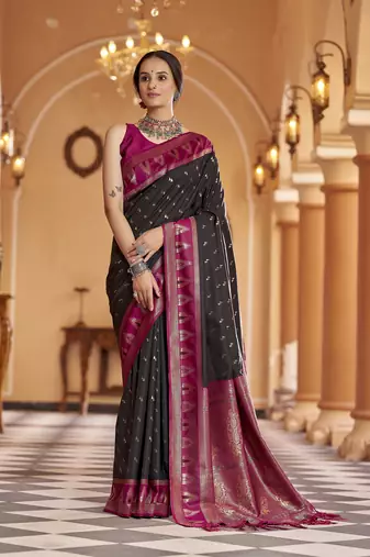 black geomatrical butti banarasi silk blend zari jacquard work designer saree