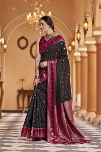 black geomatrical butti banarasi silk blend zari jacquard work designer saree