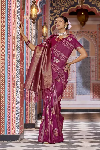 magenta woven banarasi silk  blend zari jacquard work designer saree