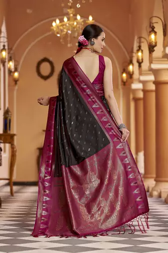 black geomatrical butti banarasi silk blend zari jacquard work designer saree