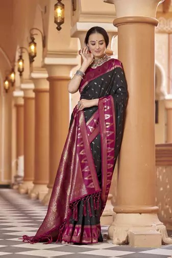black geomatrical butti banarasi silk blend zari jacquard work designer saree