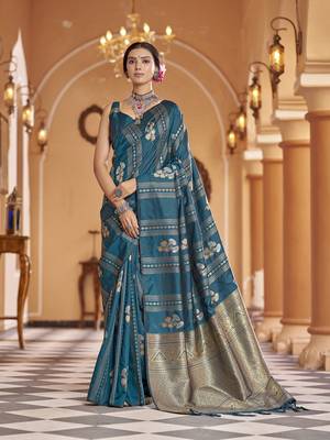 Teal woven banarasi silk blend zari jacquard work designer saree 1