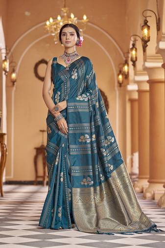 Teal woven banarasi silk blend zari jacquard work designer saree