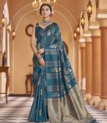 Teal woven banarasi silk blend zari jacquard work designer saree