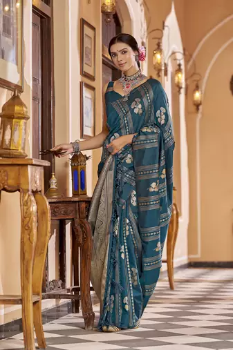 Teal woven banarasi silk blend zari jacquard work designer saree
