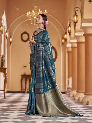 Teal woven banarasi silk blend zari jacquard work designer saree 4
