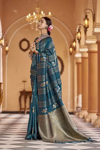 Teal woven banarasi silk blend zari jacquard work designer saree