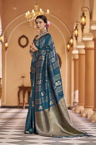 Teal woven banarasi silk blend zari jacquard work designer saree