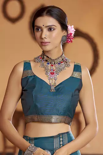 Teal woven banarasi silk blend zari jacquard work designer saree