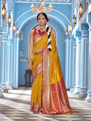 mustard  gadhval banarasi silk blend jacquard butti work designer saree  1