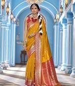 mustard  gadhval banarasi silk blend jacquard butti work designer saree 