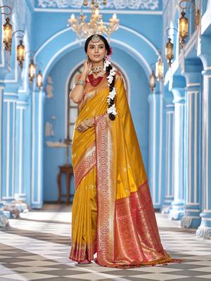 mustard  gadhval banarasi silk blend jacquard butti work designer saree  3
