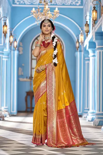 mustard  gadhval banarasi silk blend jacquard butti work designer saree 