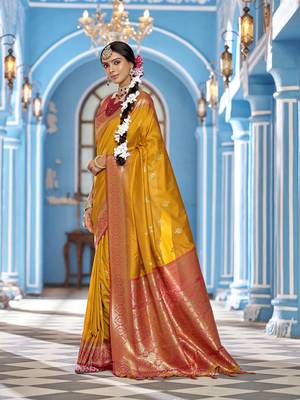 mustard  gadhval banarasi silk blend jacquard butti work designer saree  4