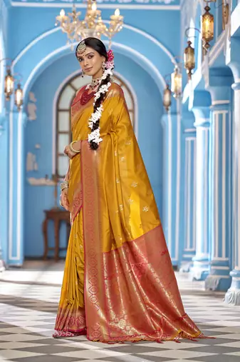 mustard  gadhval banarasi silk blend jacquard butti work designer saree 
