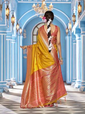 mustard  gadhval banarasi silk blend jacquard butti work designer saree  5