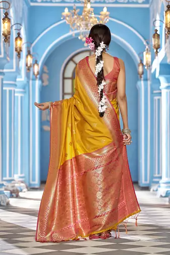 mustard  gadhval banarasi silk blend jacquard butti work designer saree 