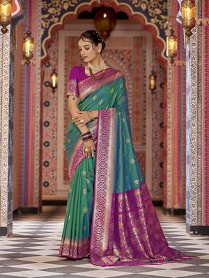 teal gadhval banarasi Silk Blend jacquard butti work designer saree 1