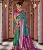 teal gadhval banarasi Silk Blend jacquard butti work designer saree