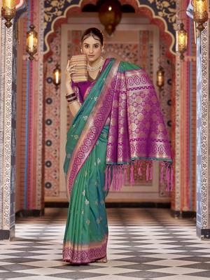 teal gadhval banarasi Silk Blend jacquard butti work designer saree 3