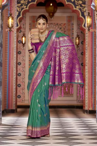 teal gadhval banarasi Silk Blend jacquard butti work designer saree