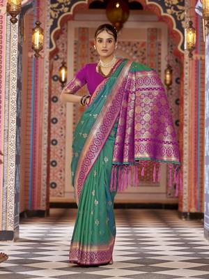 teal gadhval banarasi Silk Blend jacquard butti work designer saree 4