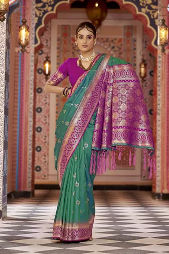 teal gadhval banarasi Silk Blend jacquard butti work designer saree