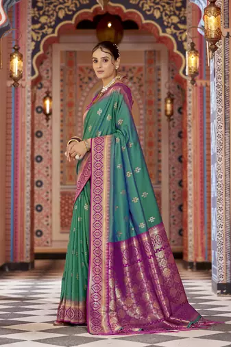 teal gadhval banarasi Silk Blend jacquard butti work designer saree