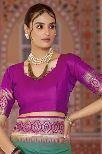 teal gadhval banarasi Silk Blend jacquard butti work designer saree