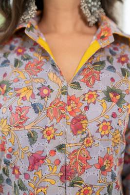 Grey mustard self embroidery  cotton kurta set 5