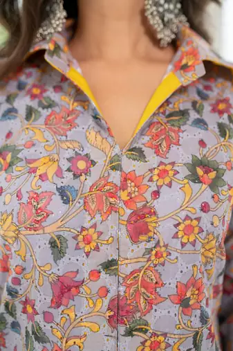 Grey mustard self embroidery  cotton kurta set
