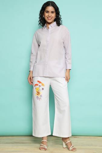Senorita purple linen cotton solid co-ord set - regular fit, full sleeve