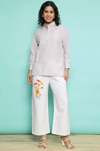 Senorita purple linen cotton solid co-ord set - regular fit, full sleeve