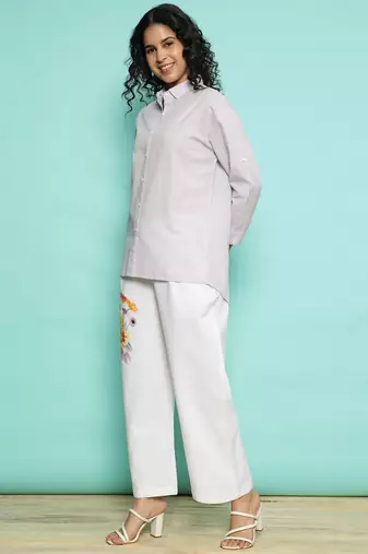 Senorita purple linen cotton solid co-ord set - regular fit, full sleeve