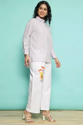 Senorita purple linen cotton solid co-ord set - regular fit, full sleeve
