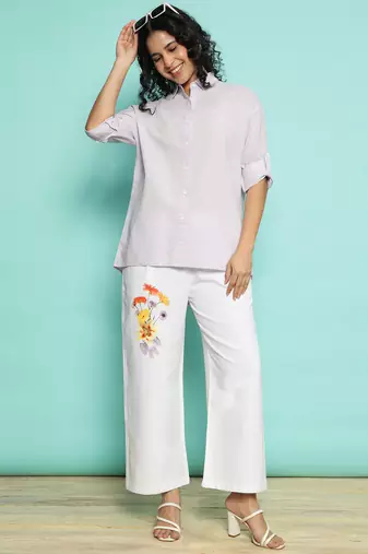Senorita purple linen cotton solid co-ord set - regular fit, full sleeve
