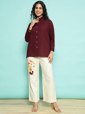 Senorita maroon linen cotton solid co-ord set - regular fit, full sleeve 1