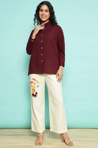 Senorita maroon linen cotton solid co-ord set - regular fit, full sleeve