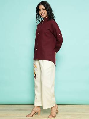Senorita maroon linen cotton solid co-ord set - regular fit, full sleeve 2