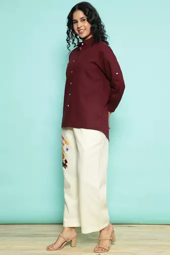 Senorita maroon linen cotton solid co-ord set - regular fit, full sleeve