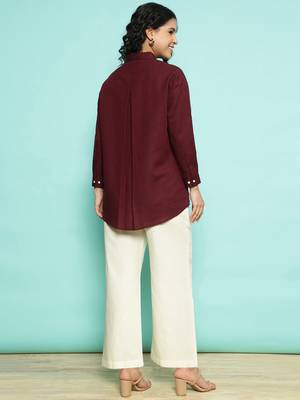 Senorita maroon linen cotton solid co-ord set - regular fit, full sleeve 3