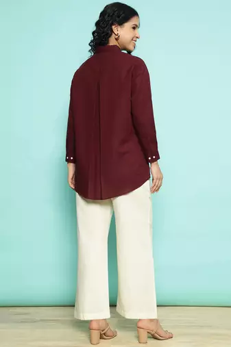 Senorita maroon linen cotton solid co-ord set - regular fit, full sleeve