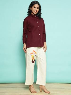 Senorita maroon linen cotton solid co-ord set - regular fit, full sleeve 4