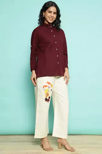 Senorita maroon linen cotton solid co-ord set - regular fit, full sleeve