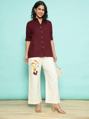 Senorita maroon linen cotton solid co-ord set - regular fit, full sleeve 5