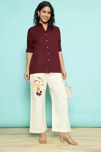 Senorita maroon linen cotton solid co-ord set - regular fit, full sleeve