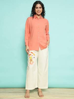 Senorita orange linen cotton solid co-ord set - regular fit, full sleeve 1