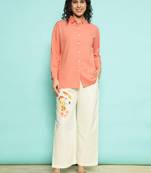 Senorita orange linen cotton solid co-ord set - regular fit, full sleeve