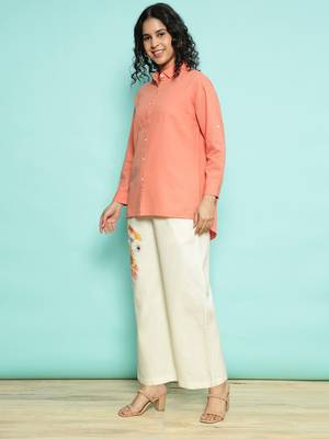 Senorita orange linen cotton solid co-ord set - regular fit, full sleeve 2